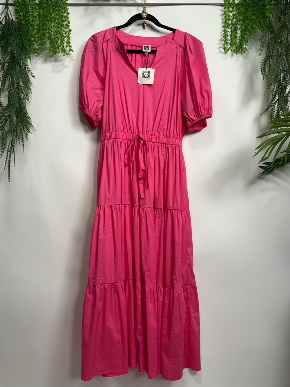 Anne Klein Hot Pink Tiered Maxi Dress with Puff Sleeves